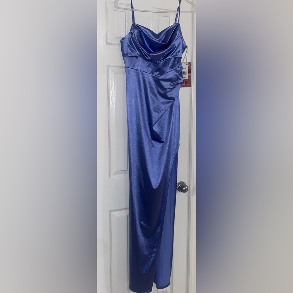 EMERALD SUNDAE JUNIORS DRAPE FRONT LONG SATIN GOWN